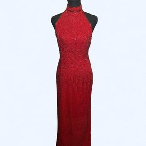 Papell Boutique Red Halter Sequin Maxi Gown